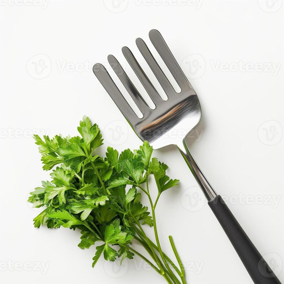AI generated A sleek metal spatula with a fresh parsley leaf isolated on a transparent background photo