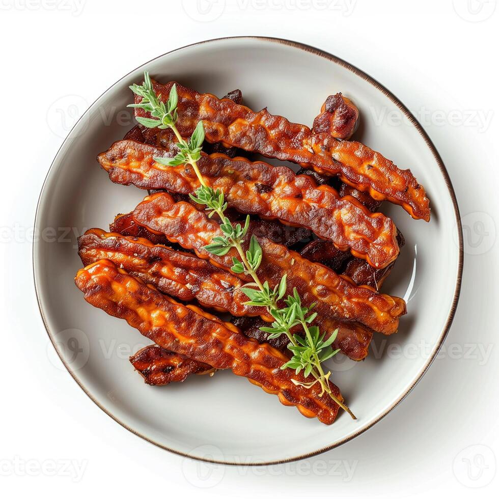 AI generated A dish of tempeh bacon strips with a sprig of thyme top view isolated on a transparent background photo