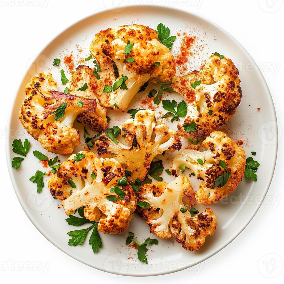 AI generated A plate of roasted cauliflower steak with a sprinkle of paprika top view isolated on a transparent background photo