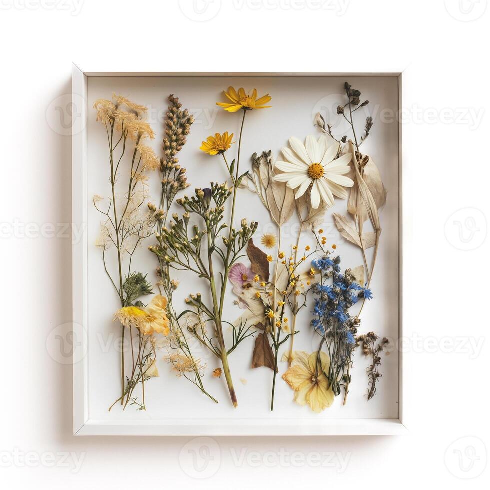 AI generated A modern transparent picture frame with a pressed wildflower arrangement isolated on a transparent background photo
