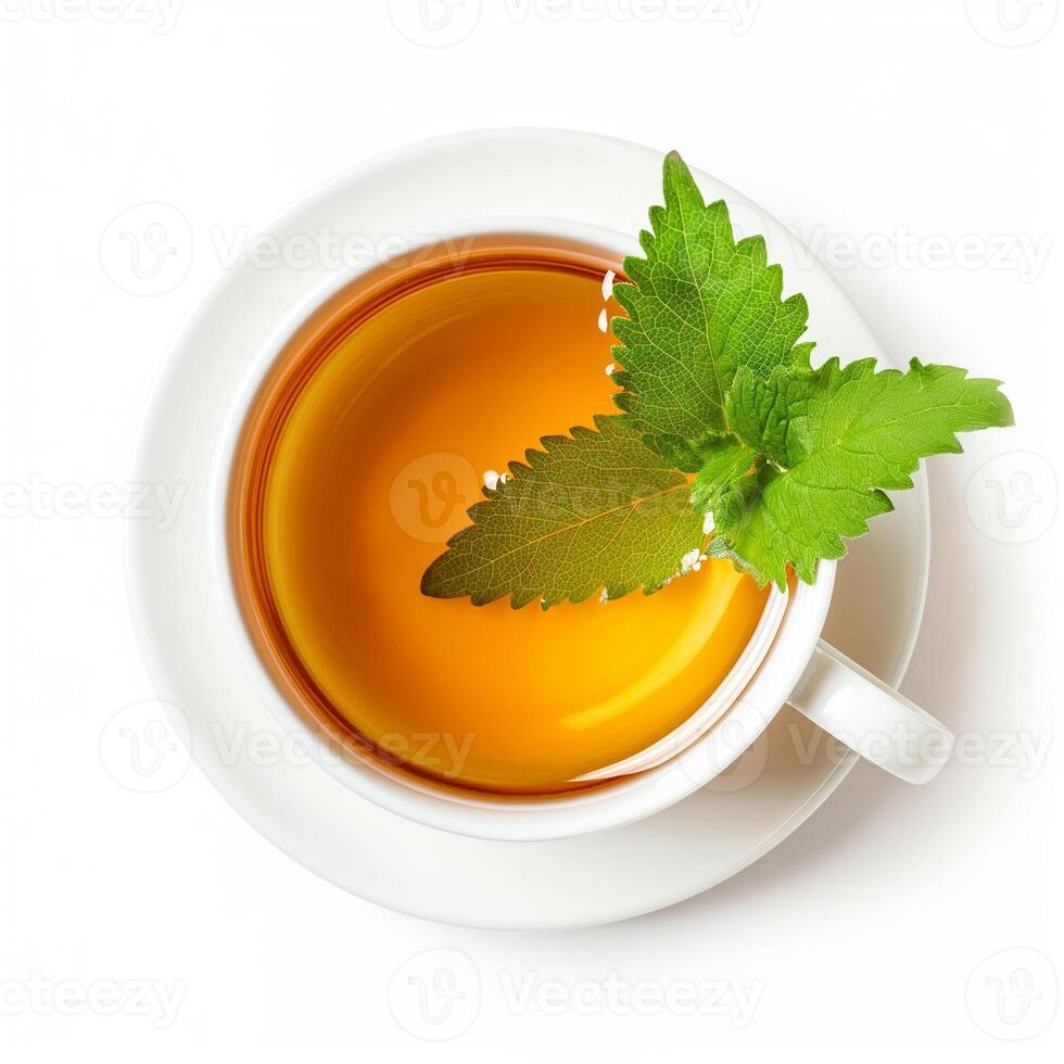 AI generated A cup of herbal detox tea with a leaf of stevia top view isolated on a transparent background photo