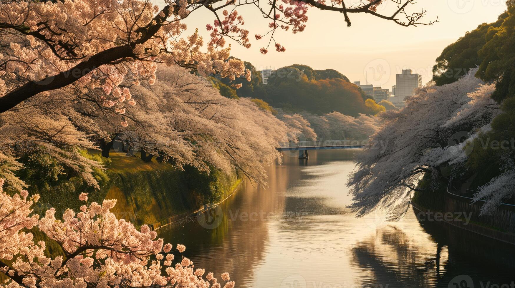 AI generated Sakura Bloom by Serene Japanese River photo