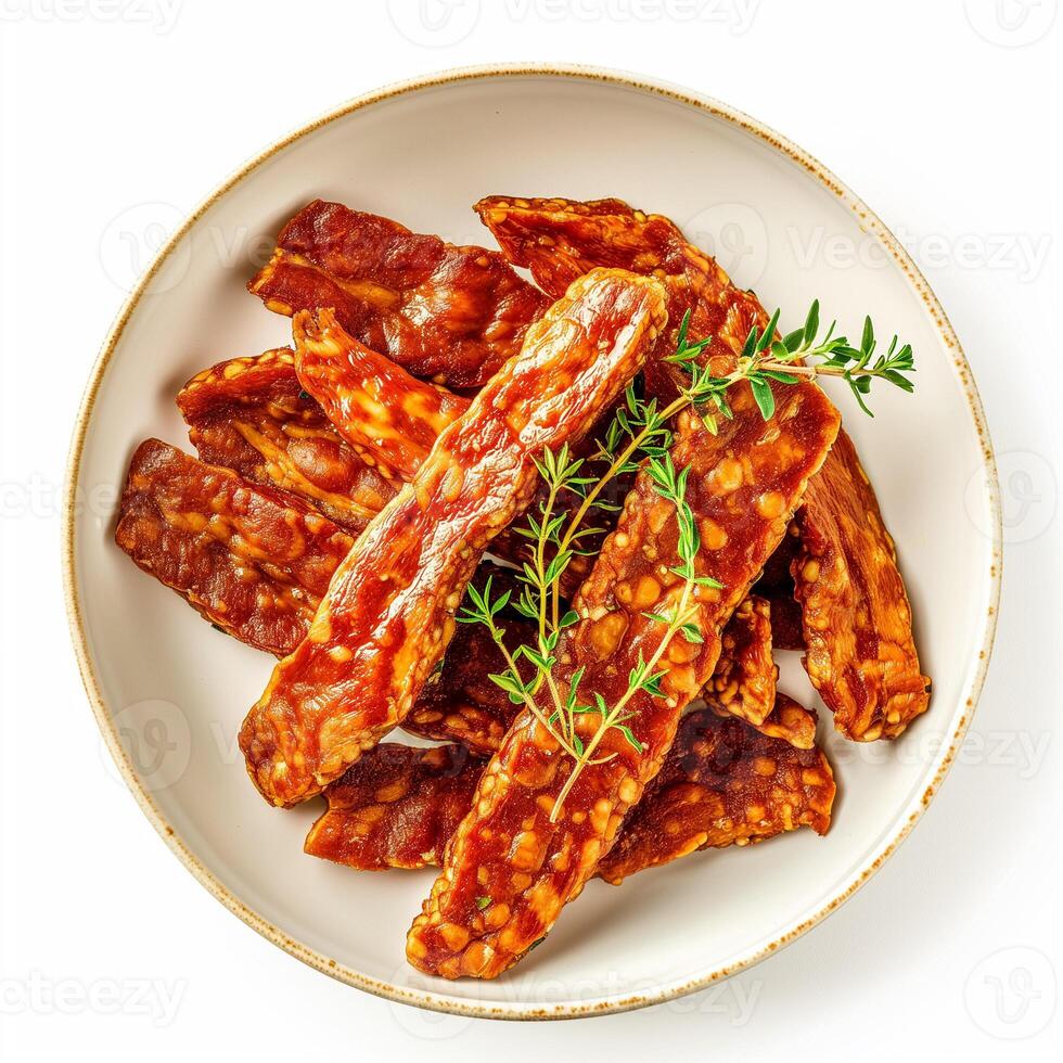 AI generated A dish of tempeh bacon strips with a sprig of thyme top view isolated on a transparent background photo