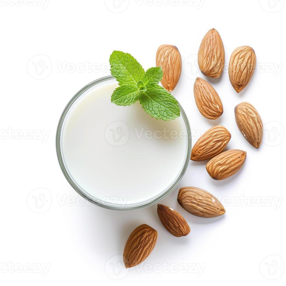 AI generated A glass of almond milk with a sprig of mint top view isolated on a transparent background photo