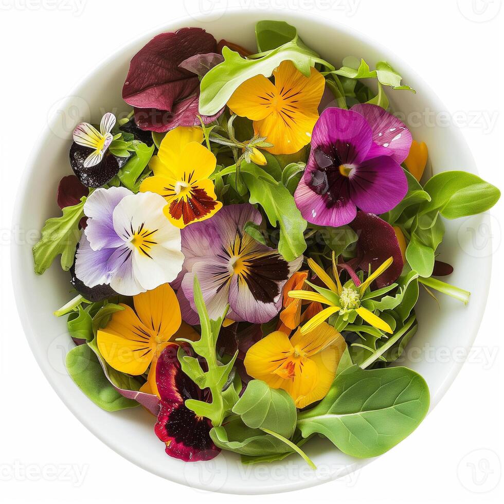 AI generated A bowl of edible flower petal salad with a drizzle of lemon vinaigrette top view isolated on a transparent background photo