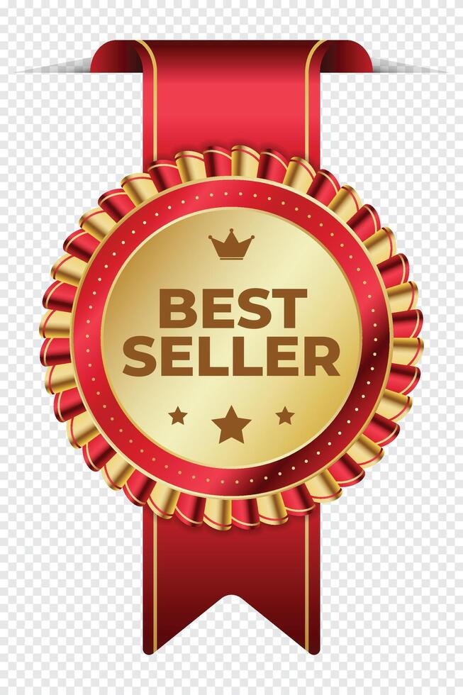 Best seller sticker label with gold medal and red ribbon. Best seller product label. Best seller golden label badge vector