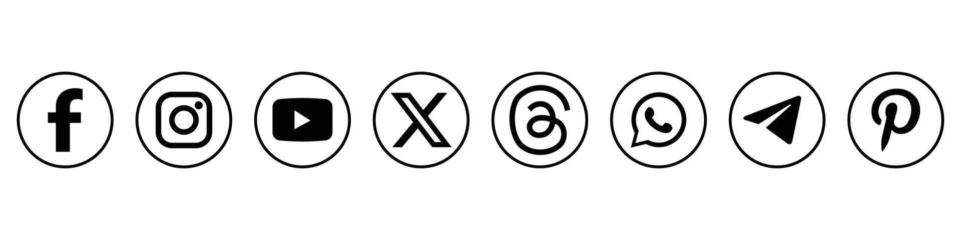 Social media icons. Black colored icon set. Set popular social media icons. Facebook, Instagram, YouTube, X, Threads app, WhatsApp, Telegram, Pinterest vector