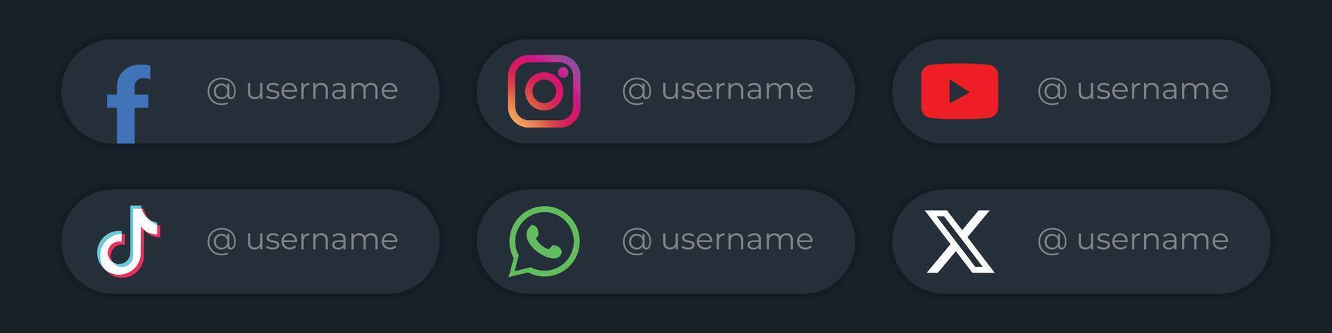 Social media lower third icons. Vector username icons. Facebook, Instagram, YouTube, TikTok, Whatsapp, X