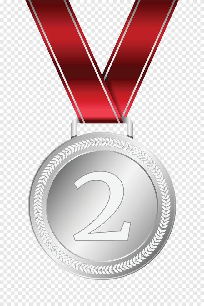 Silver medal. Silver medal with red ribbon. Design winner golden medal prize. Champion winner award medal vector