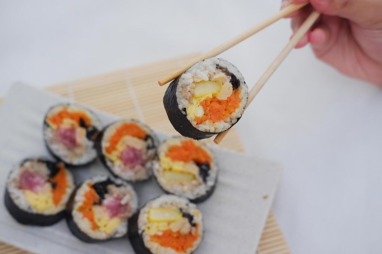 Sushi rolls on a plate on a white background. Japanese food photo