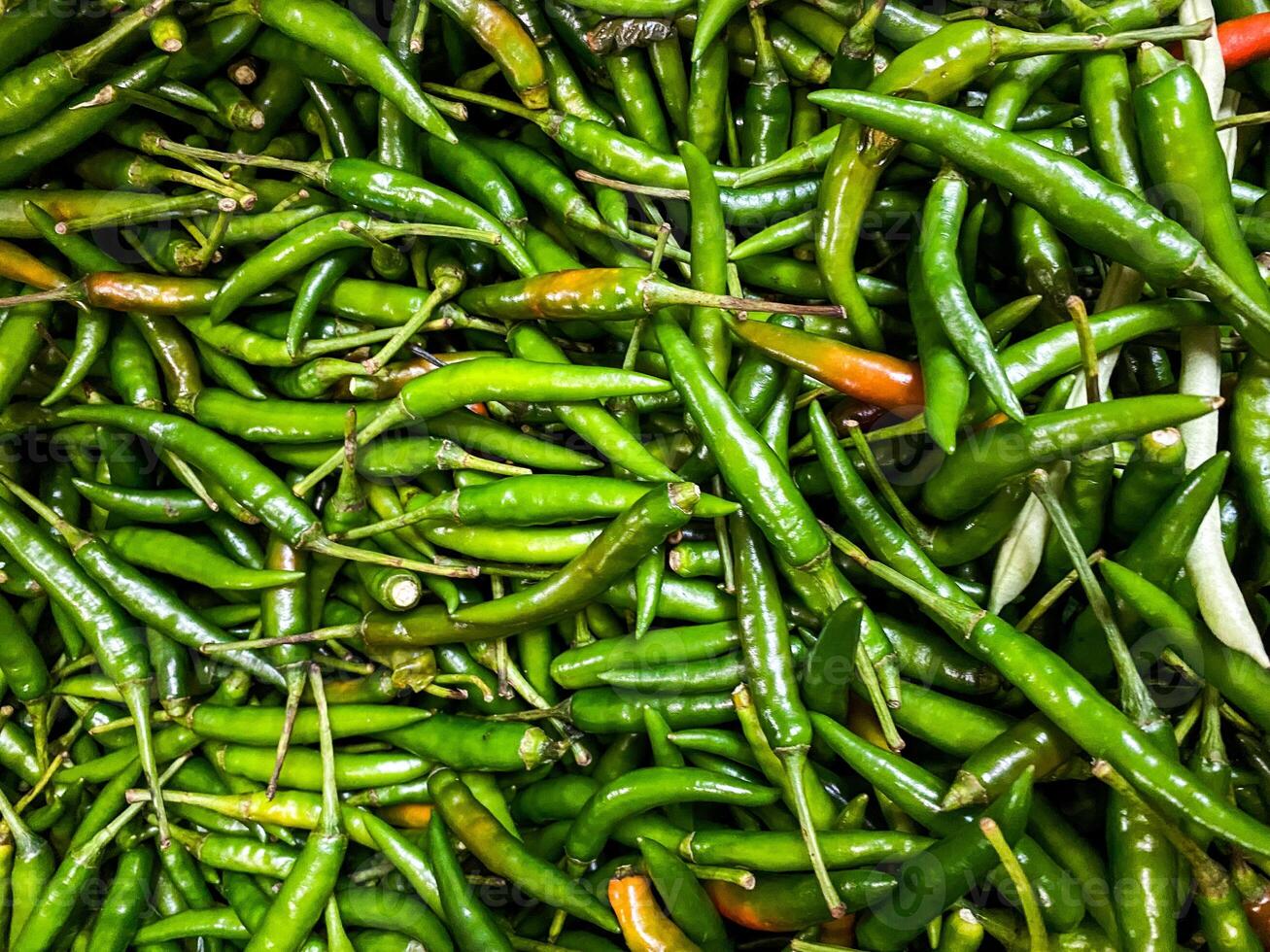 Backdrop of green chilli peppers texture background. Close up view with copy space for design photo