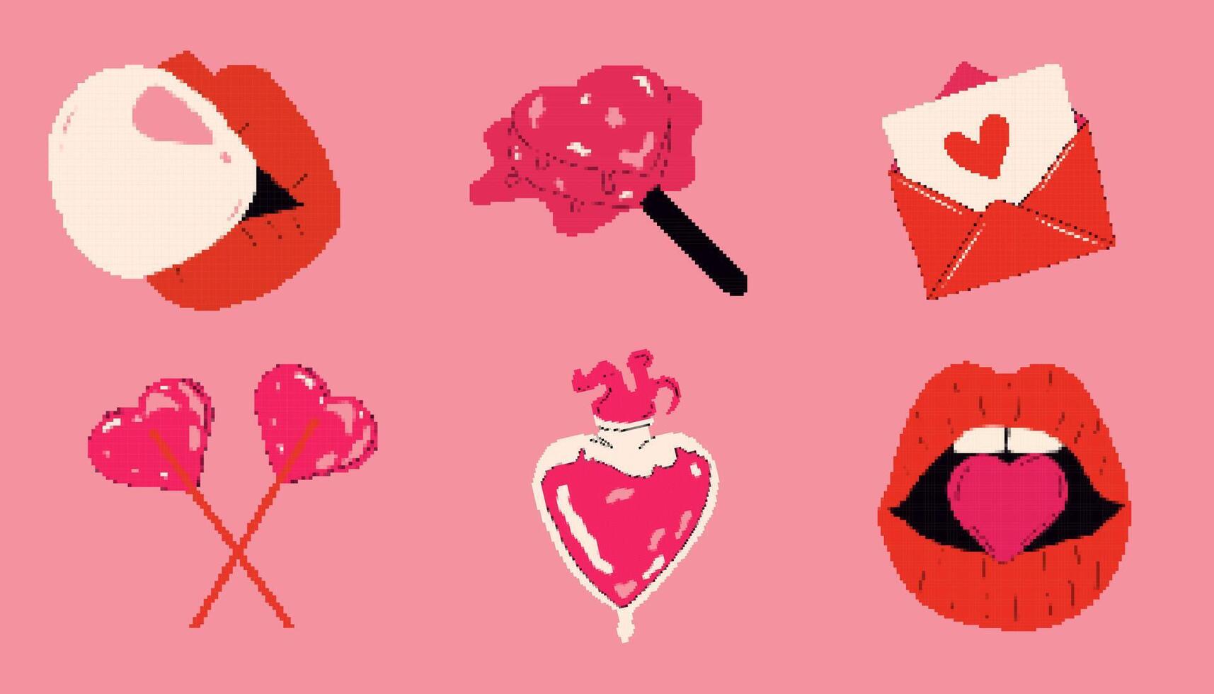 Romantic vector icons pack pixel art. 8-bit sprite. Valentine's Day stickers