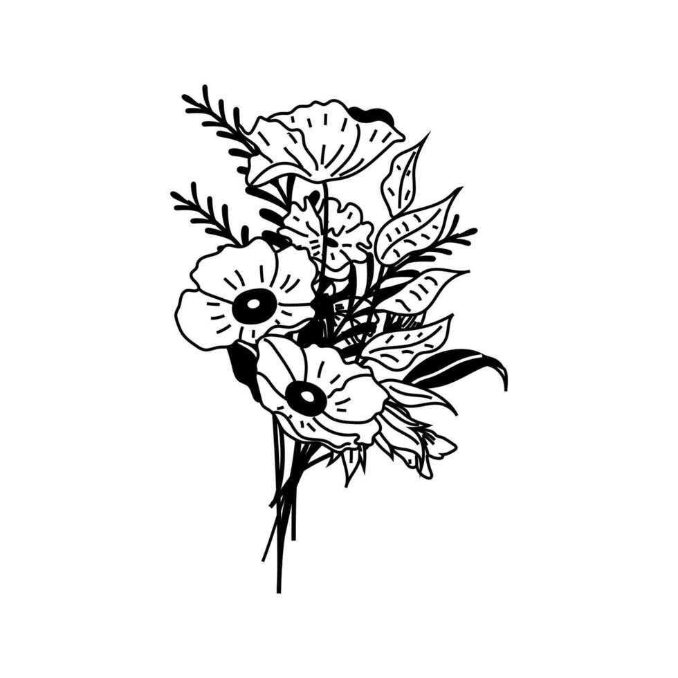 Line art of Bouquets. Trendy botanical elements. Wild flowers and leaves vector