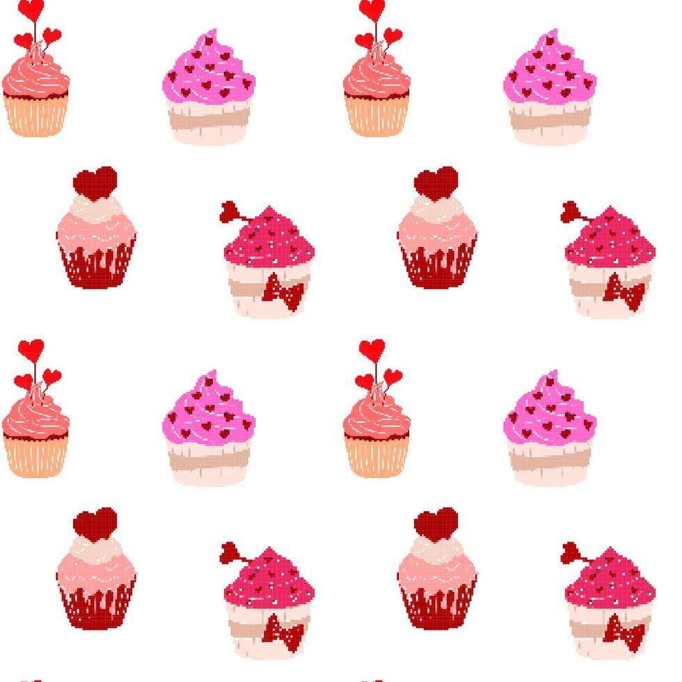 Seamless pattern with Valentine's Day cupcake sticker pixel art. 8-bit sprite.  Love Concept vector