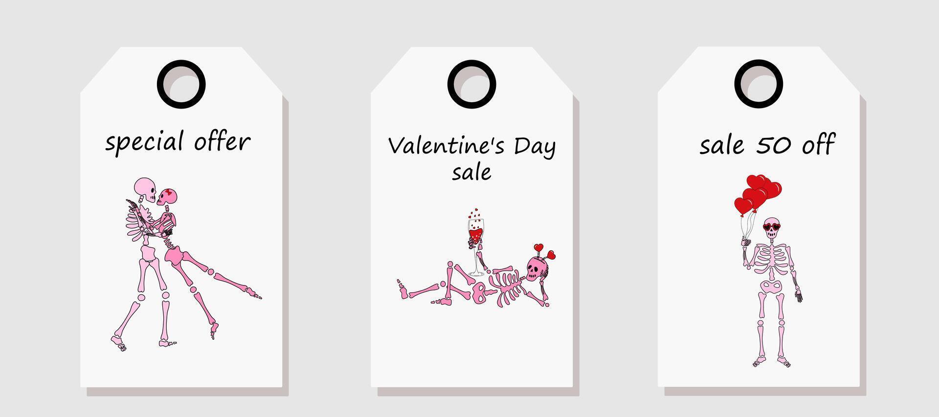 vector conjunto de descuento precio etiquetas etiquetas con gracioso esqueleto con decoración para San Valentín día. San Valentín día venta.