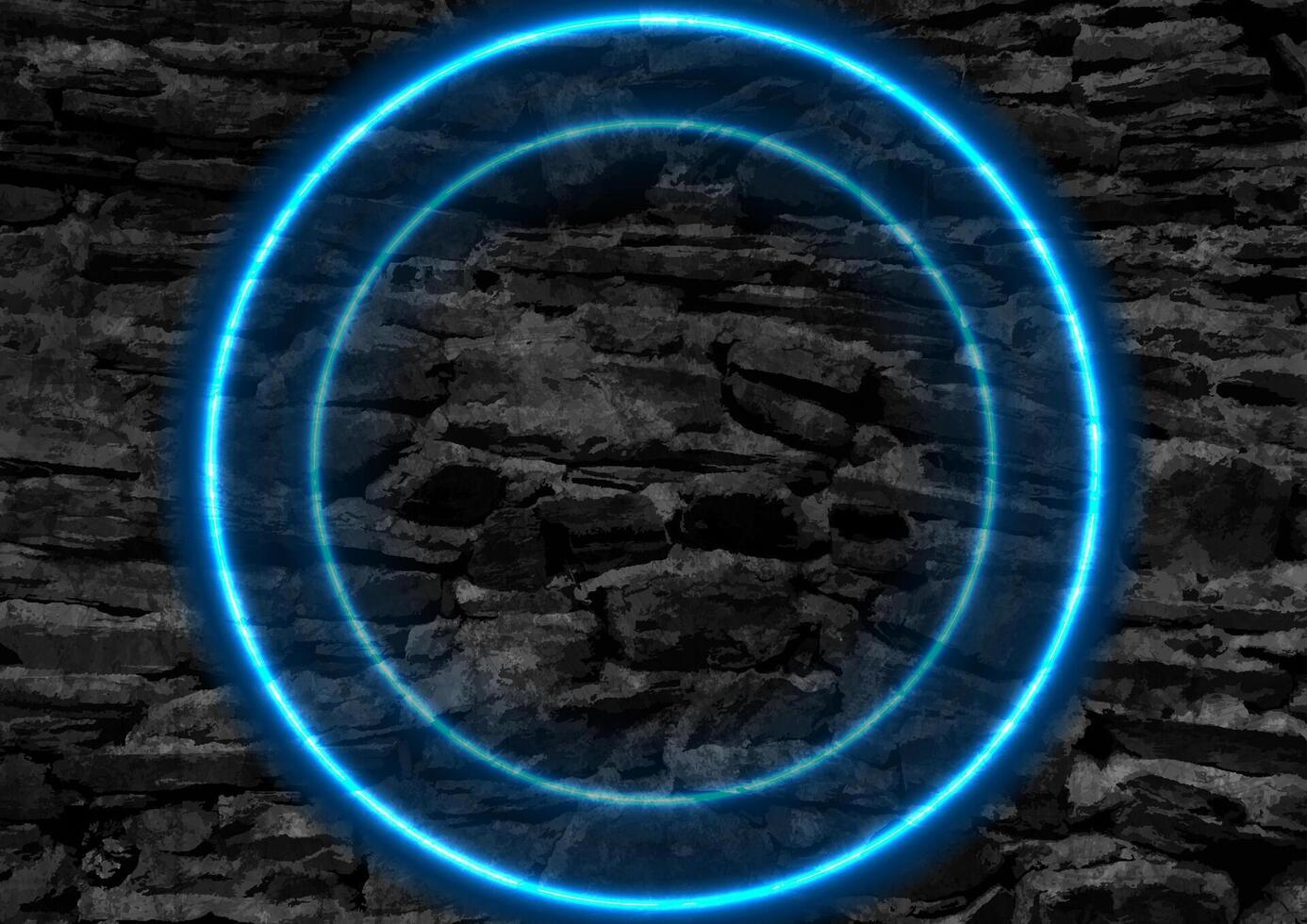 azul brillante neón círculos en negro grunge Roca pared vector