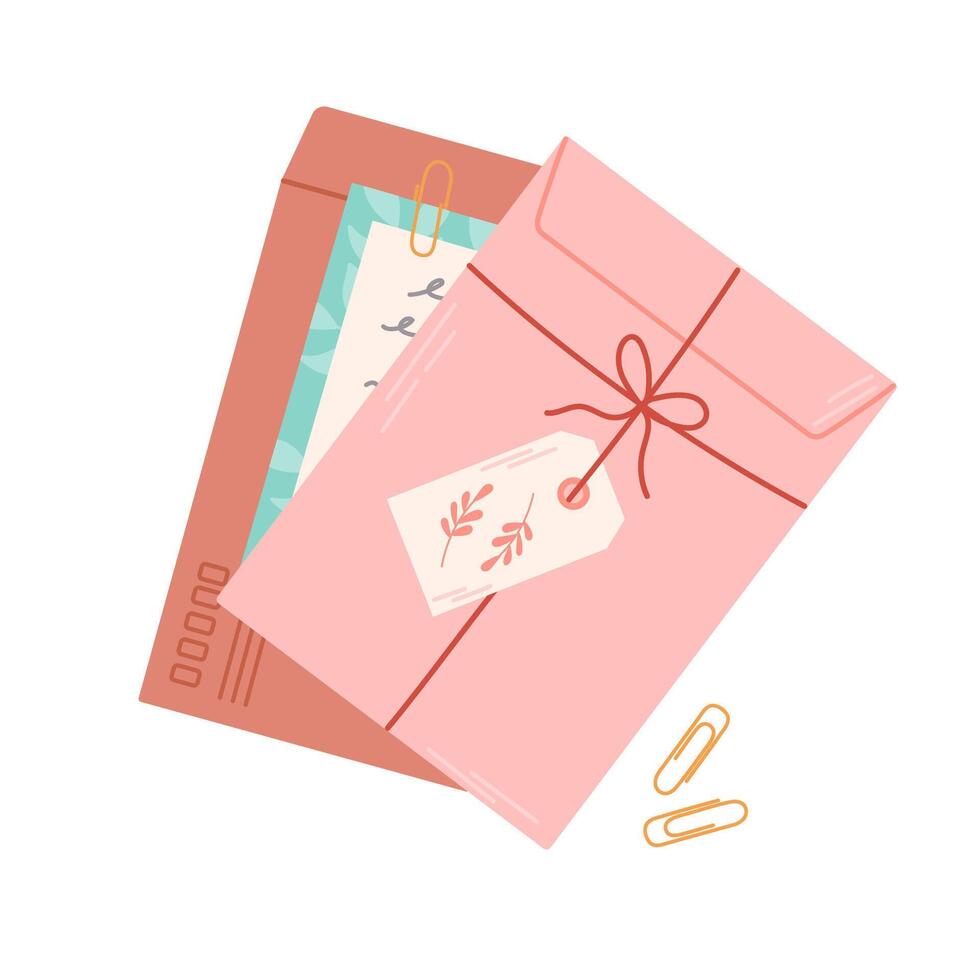 Stack of mail. Craft paper envelopes. Delivery, message, communication concept. Isolated vector illustration.