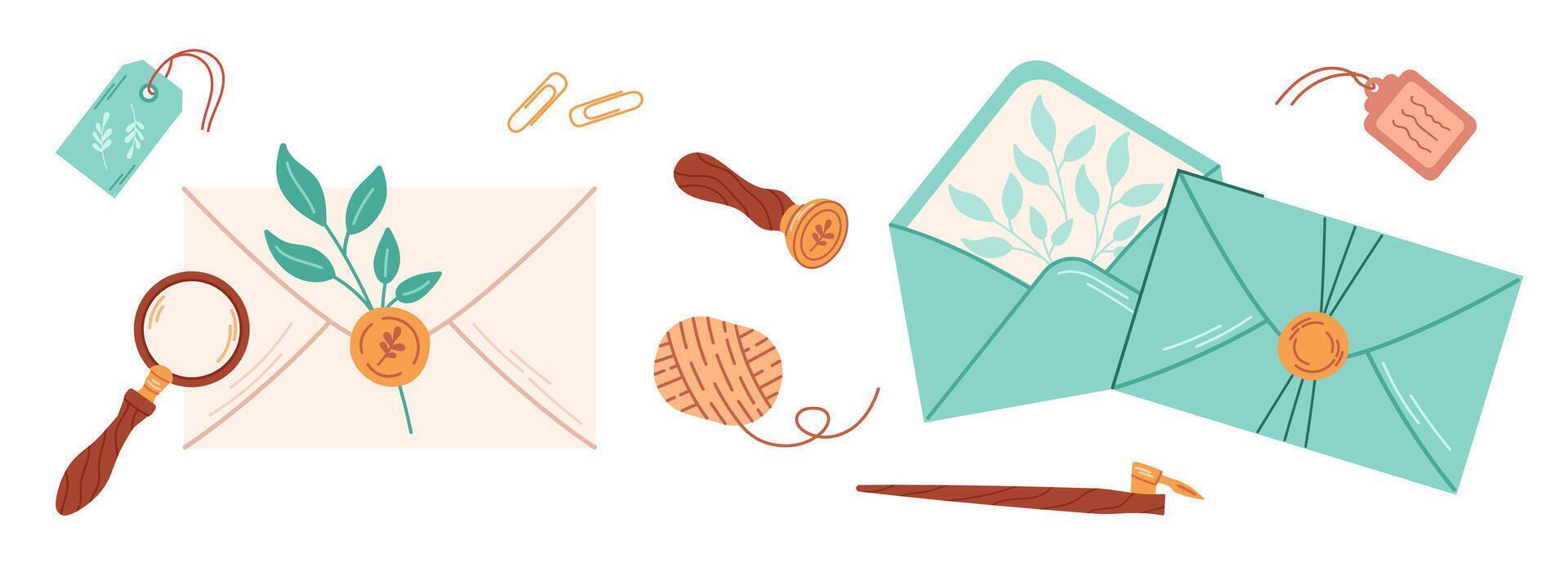 Craft paper envelopes sealed or opened. The envelopes are sealed with wax. Handmade, hobby. Postal stationery. vector