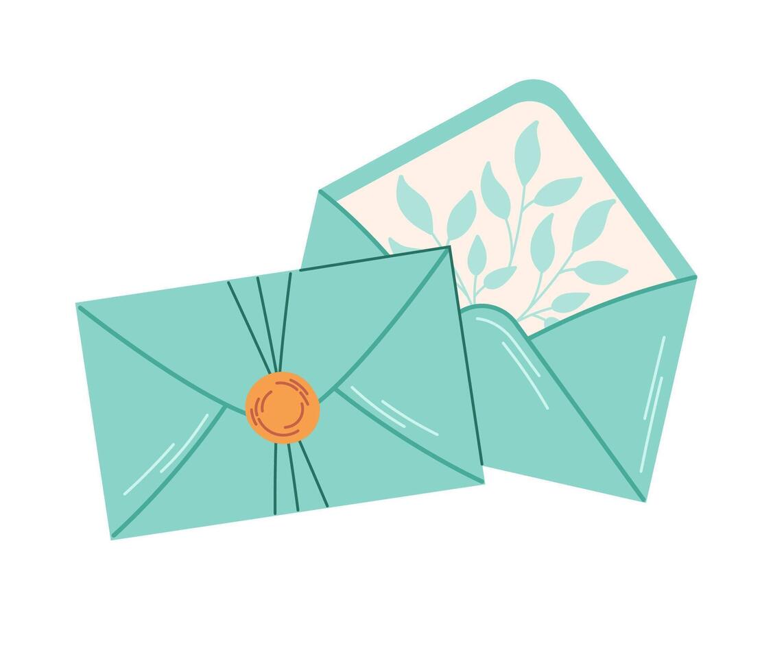 Handmade letter envelope with floral pattern. Decoration, hobby. The envelopes are sealed with wax. Isolated vector illustration.