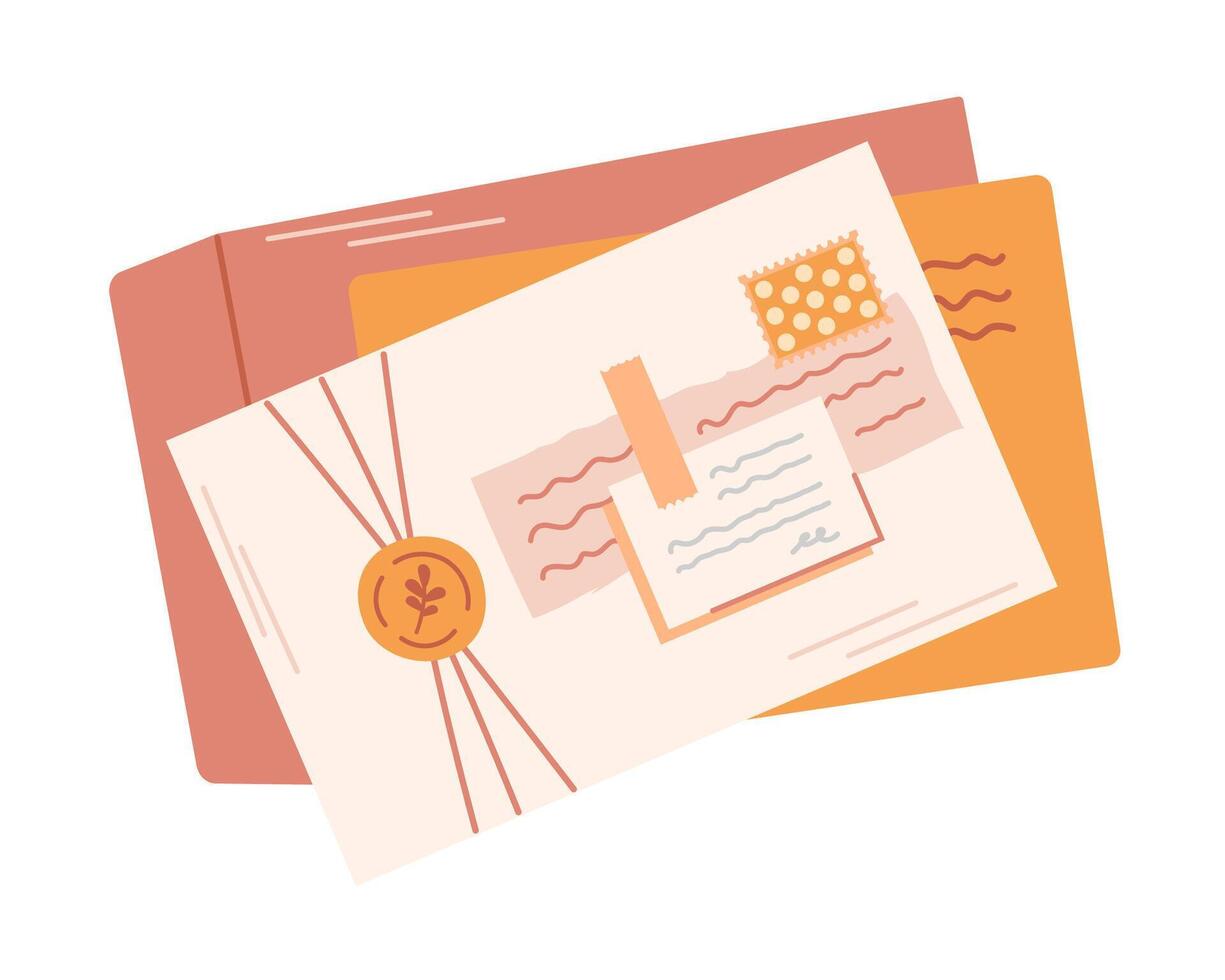 Stack of mail. Craft paper envelopes. Delivery, message, communication concept. Isolated vector illustration.