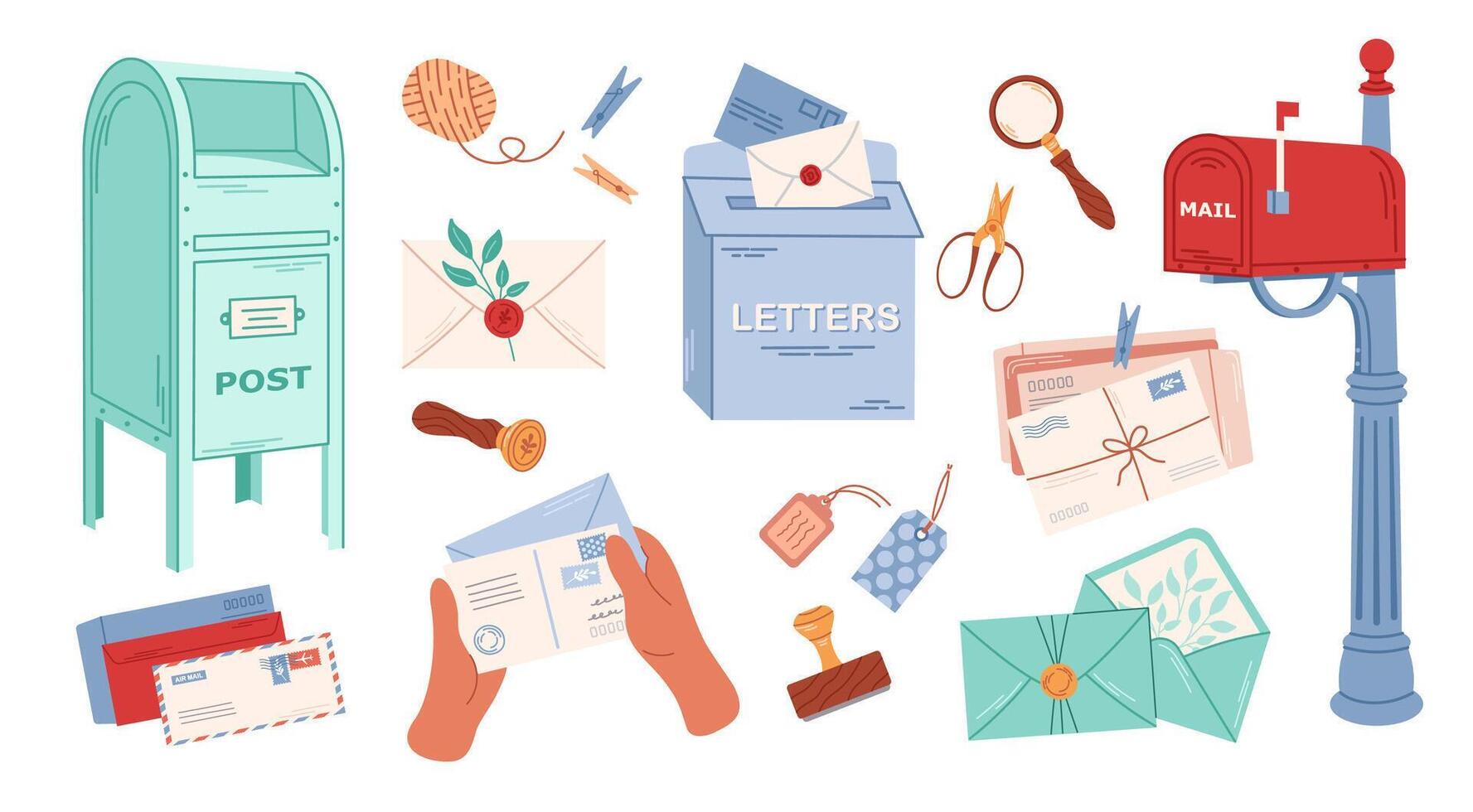 Set of mail items. Sealing wax, postal envelopes and cards. Different postboxes. Delivery, message, communication concept. Isolated vector illustration.