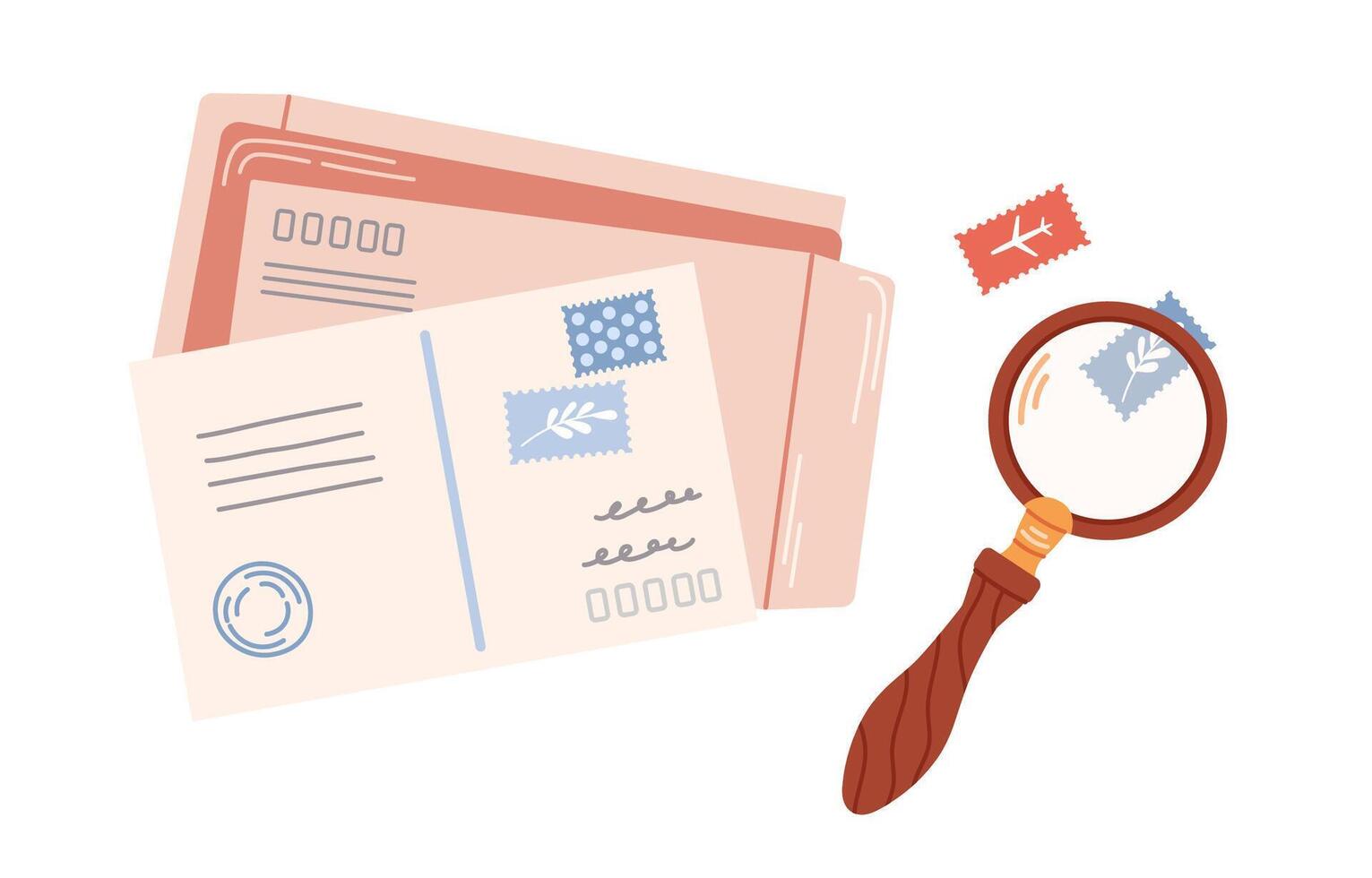 Craft envelope, letter, postcard. Sending mail. Look at postage stamps under a magnifying glass. Collecting postage stamps, hobby. vector