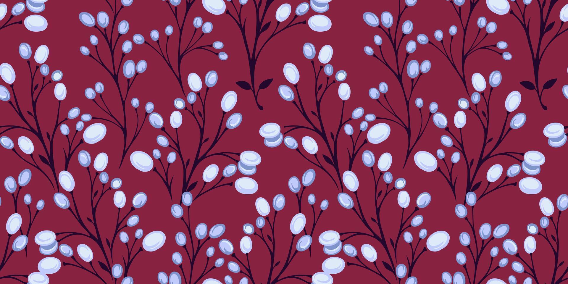 Creative bright blue berries branches with drops, dots, spots intertwined in a seamless pattern. Vector hand drawn sketch. The trendy stylized floral on a burgundy background. Template for design