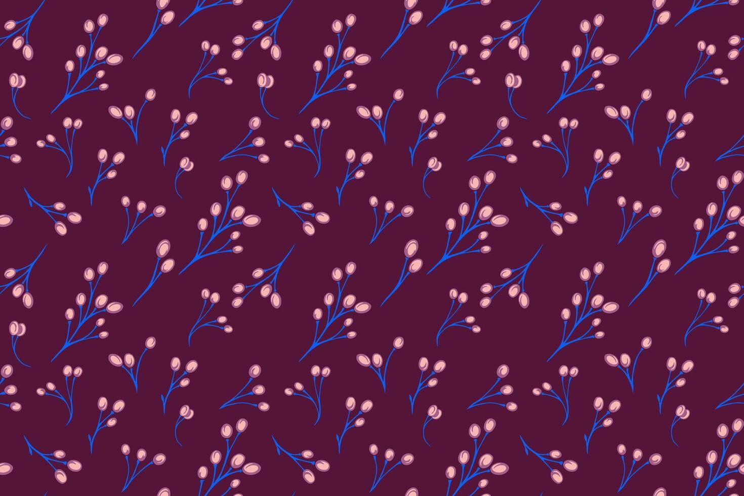 Bright abstract seamless pattern with stylized branches berries on a burgundy background. Creative shapes floral polka dots, drops, spots printing. Vector hand drawn. Design for fabric, fashion