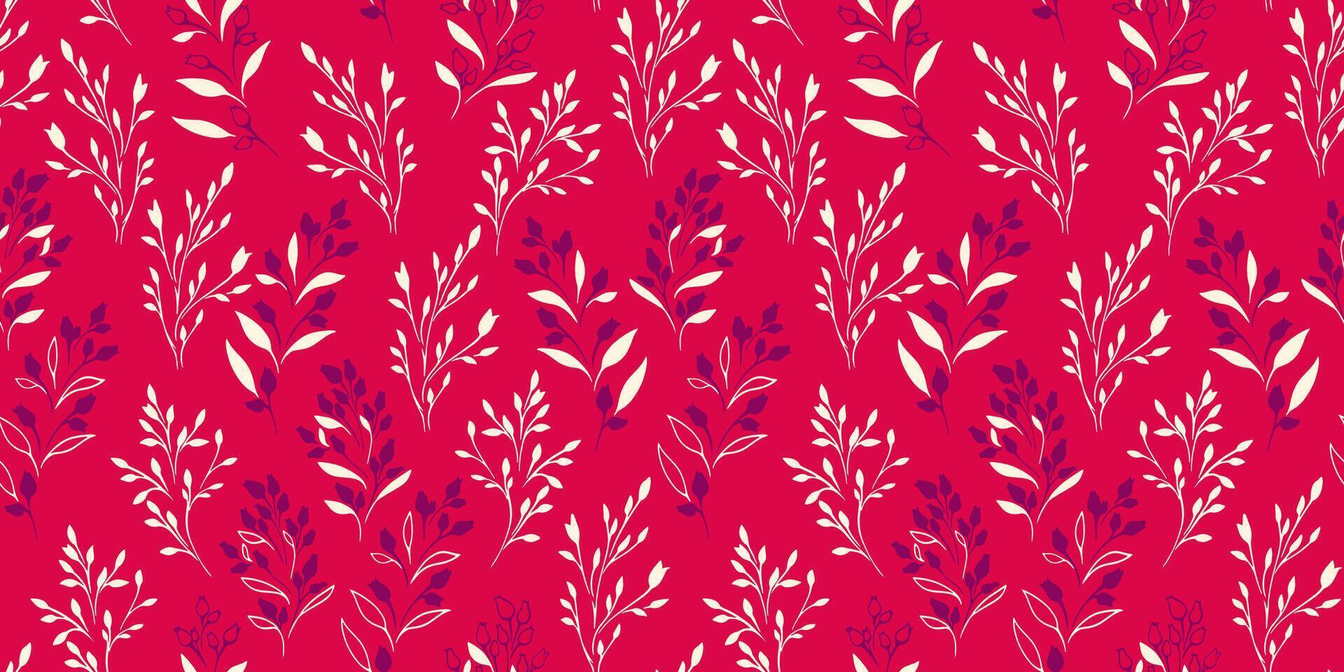 Simple shapes gently floral seamless pattern. Bright red background with tiny branches, leaves, spots, drops. Vector hand drawn. Template for design, textile, fashion, print, surface design