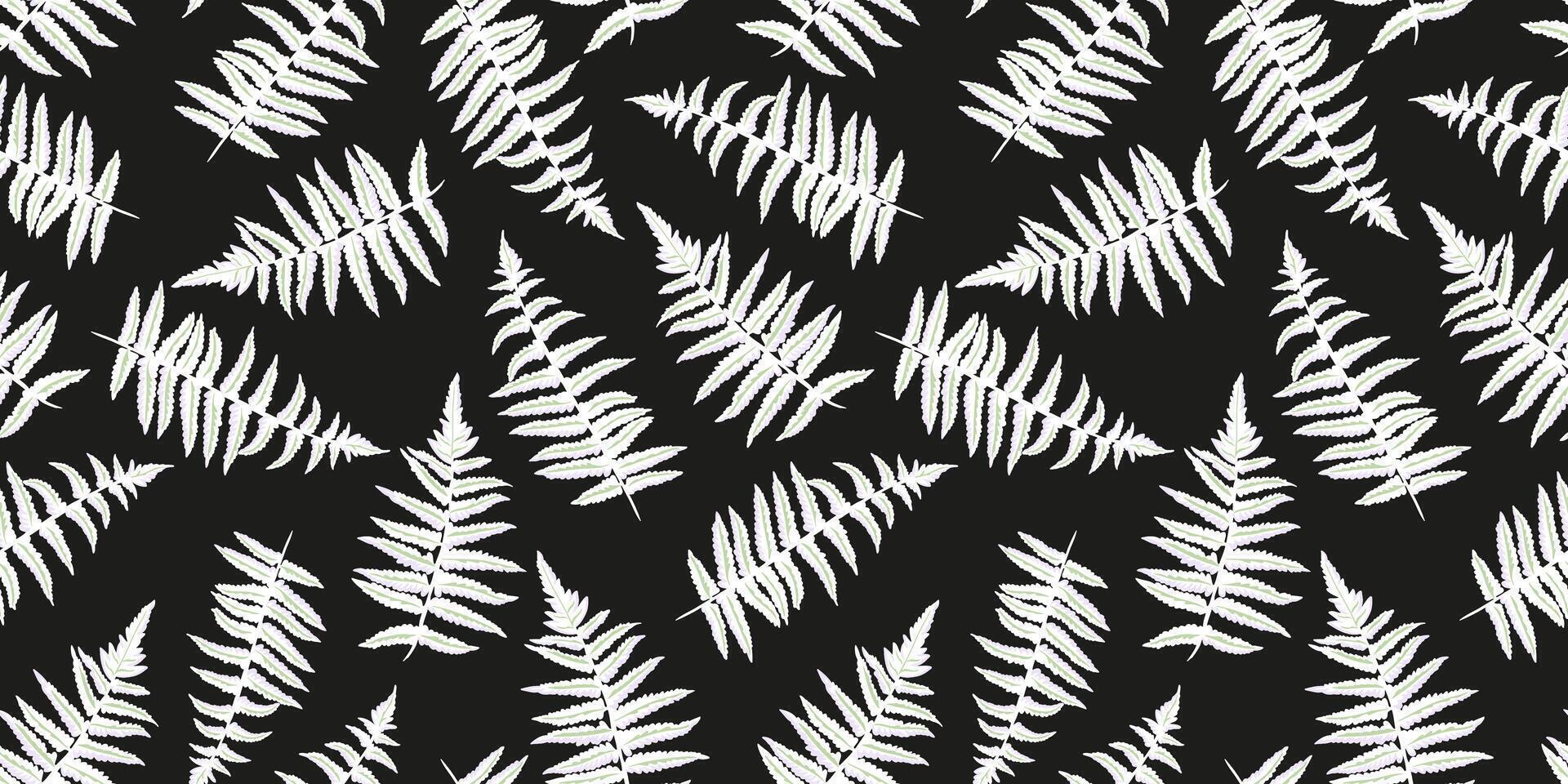 Seamless pattern with abstract shape leaves stems fern. Simple stylized plant leaf ornaments on a dark background. Vector hand drawn sketch. Template for design, fashion, textile, fabric, printing