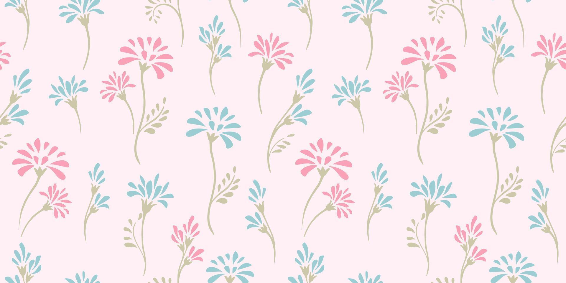 Vector hand drawn sketch simple floral stems with tiny spots, drops seamless pattern. Pastel pink minimalist cute retro background. Abstract creative ditsy flowers printing. Template for design