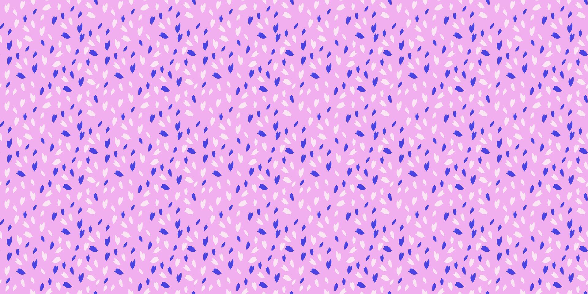 Trendy vibrant polka dots, drops, spots seamless pattern. Simple creative blue snowflakes, circles, leaflets, random dot, on a pink background. Vector hand drawn sketch tiny shape texture printing.