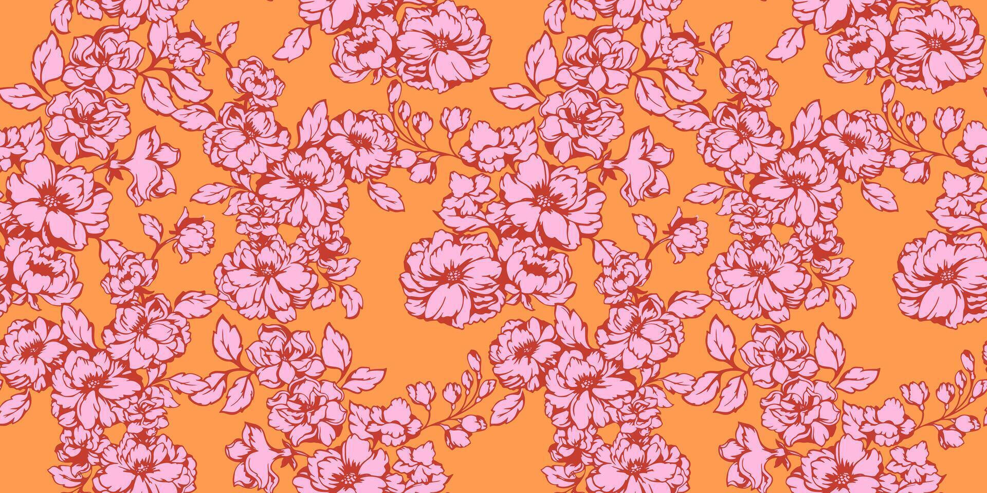 Artistic abstract stylized floral intertwined in a seamless pattern. Textured meadow tapestry. Vector hand drawn. Bright pink shape silhouettes flowers on a yellow background. Template for design