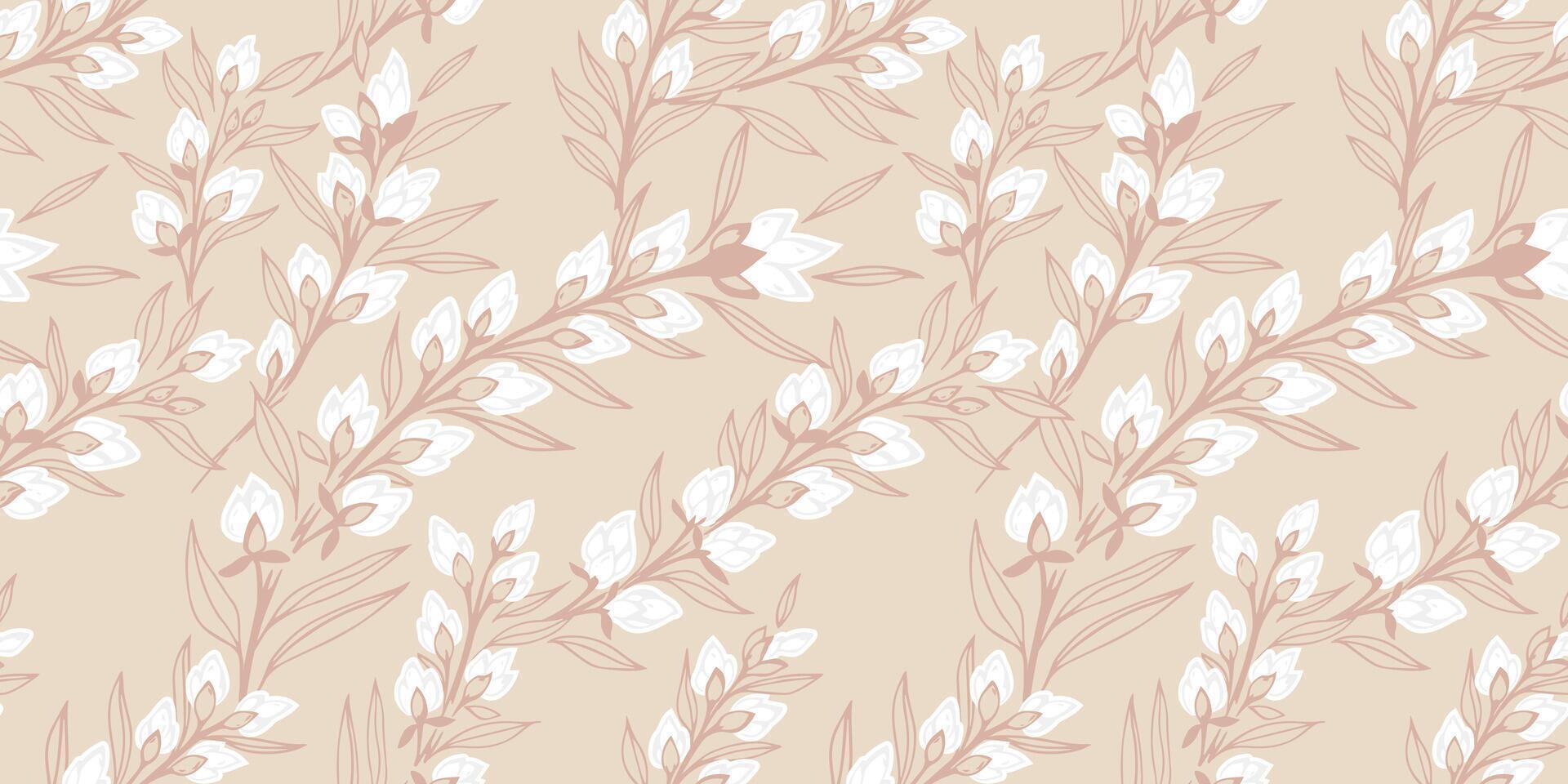 Seamless monotone pastel abstract branches leaves with burgeon flowers pattern. Blooming  creative floral background. Vector hand drawn sketch. Template for design, fashion, print, fabric, wallpaper,