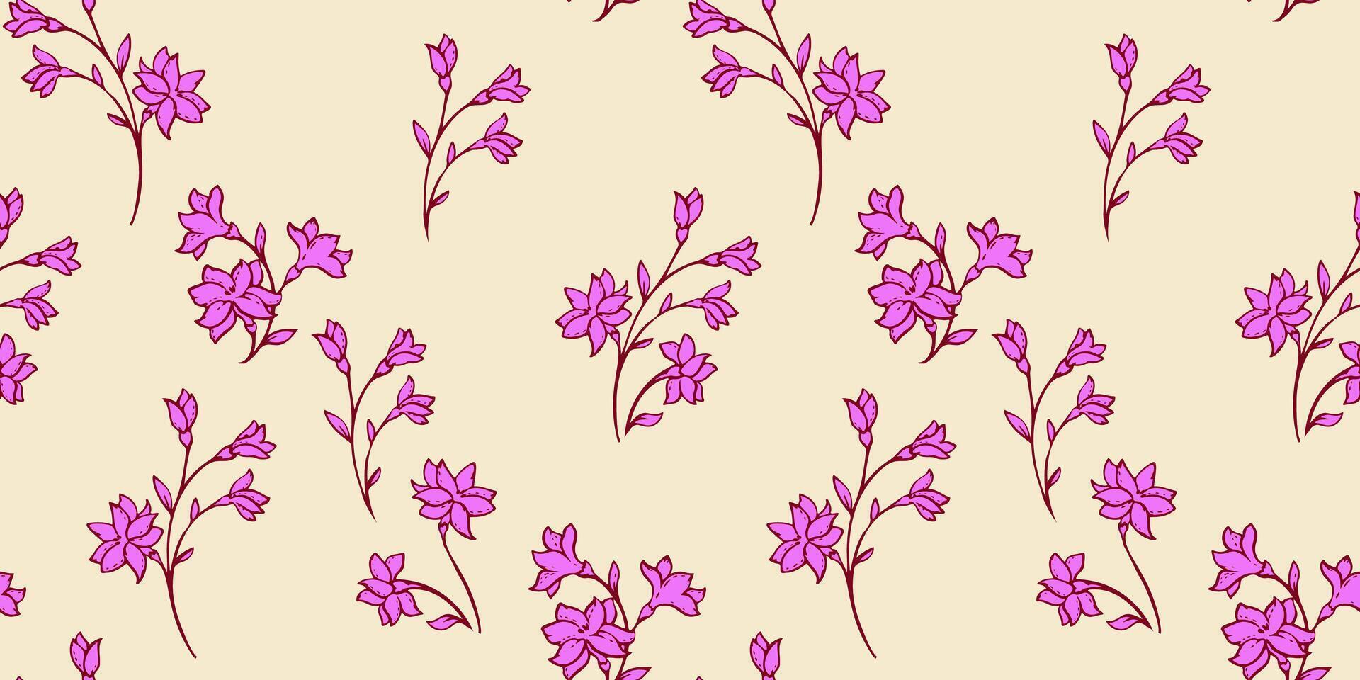 Pattern gentle, minimalistic branches flowers with buds scattered randomly. Vector hand drawn. Abstract bright purple tiny floral stems on the yellow background. Summer simple botanical printing.