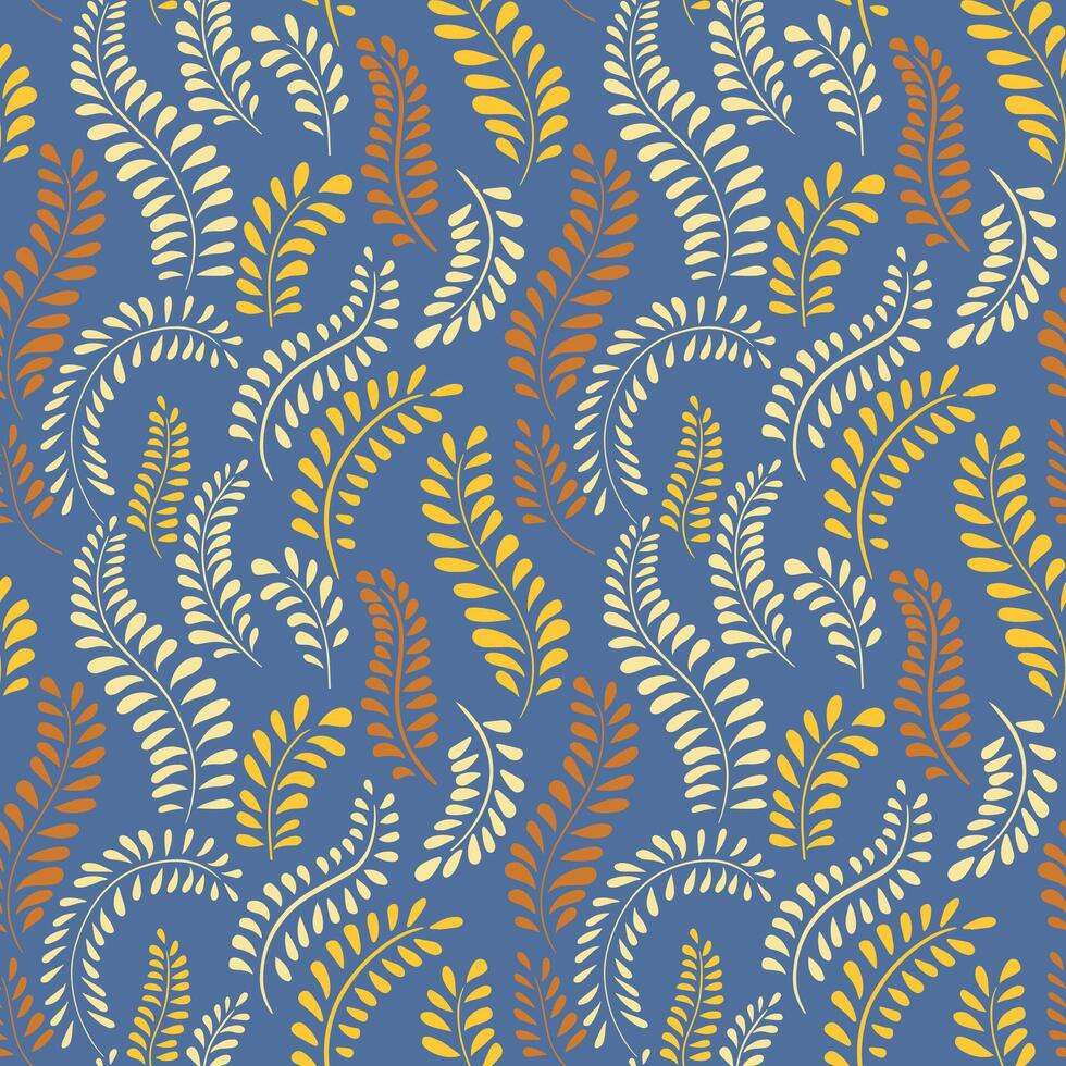 Simple seamless pattern with abstract tiny branches with shapes drops, spots. Creative cute minimalist  twisted form on a blue background. Vector hand drawn sketch. Template for design, printing