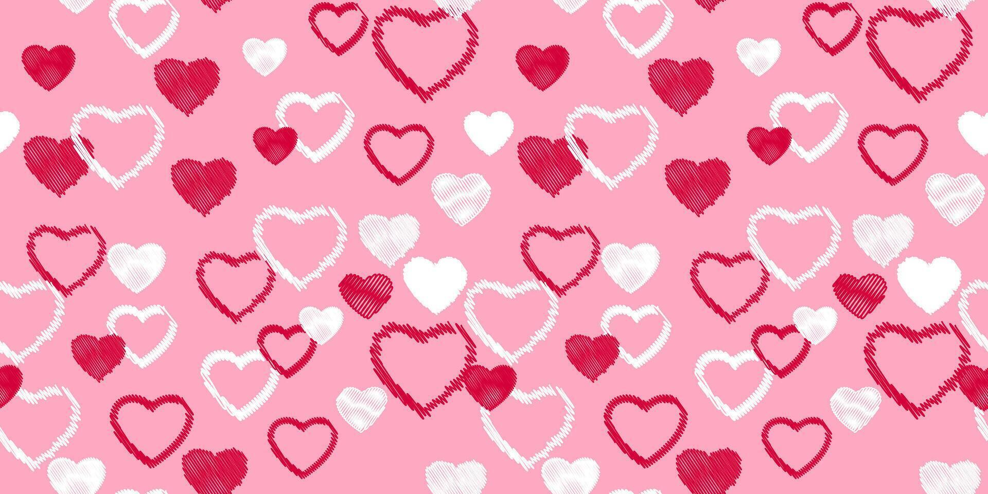 Vibrant pink seamless pattern with vector hand drawn sketch hearts. Print with textured heart silhouettes outline. Valentine, love background. Template for textile, fashion, print, surface design