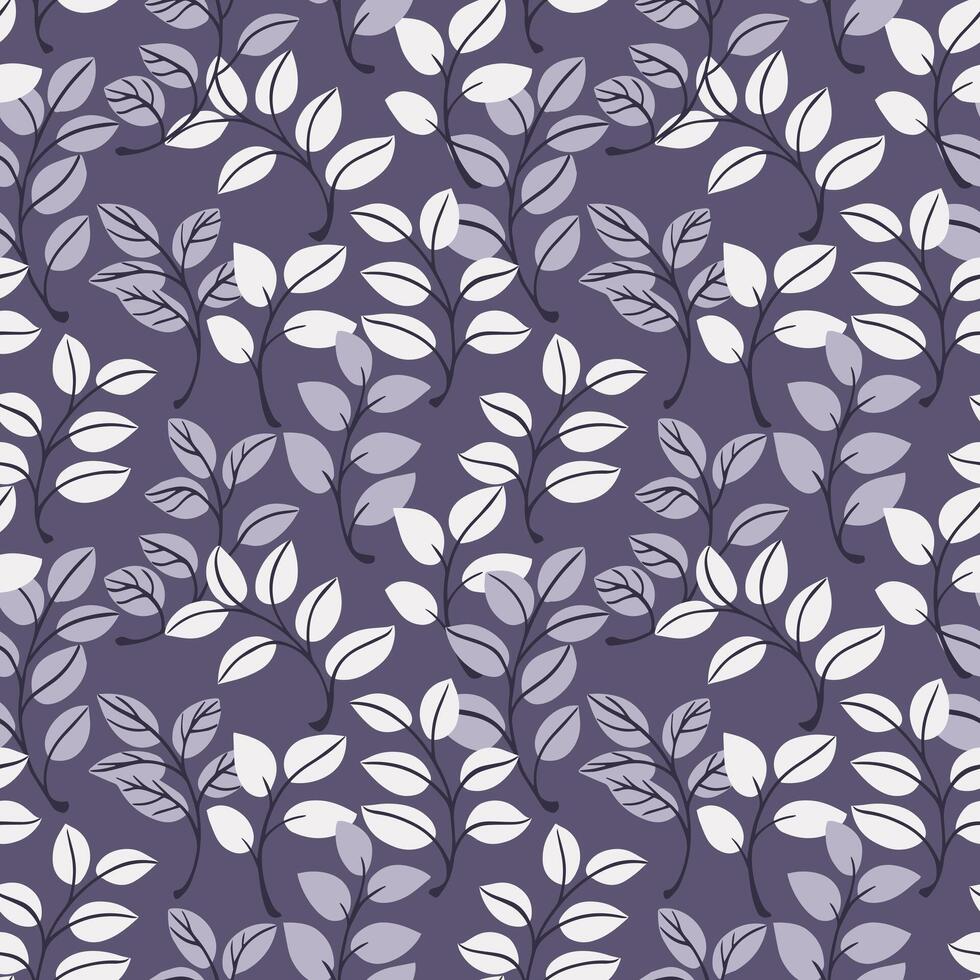 Monotone dark grey small leaf stems seamless pattern. Creative simple branches leaves background. Vector hand drawn doodle. Template for design, fabric, fashion, wallpaper, textile