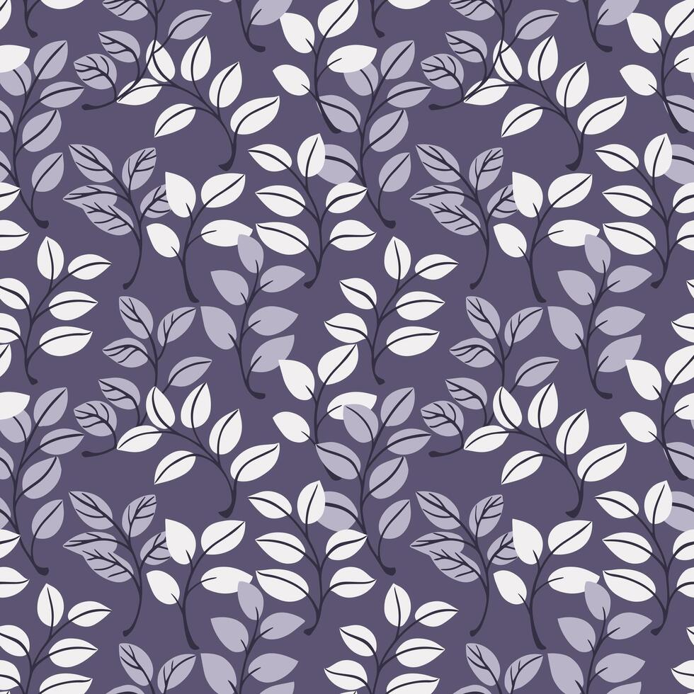 Monotone dark grey small leaf stems seamless pattern. Creative simple branches leaves background. Vector hand drawn doodle. Template for design, fabric, fashion, wallpaper, textile