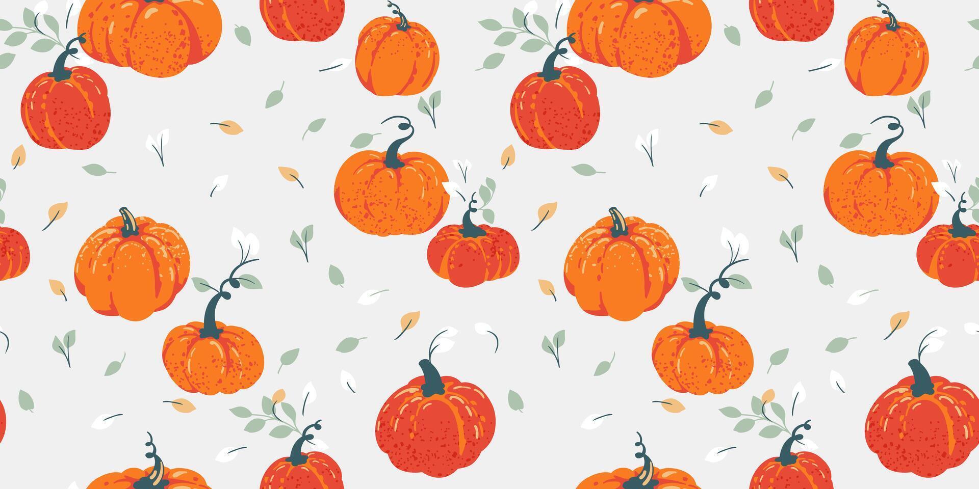 Creative stylized autumn pumpkins and tiny leaves seamless pattern on a light background. Vector hand drawn sketch. Perfect for fall, Thanksgiving, Halloween, holidays. Template for design