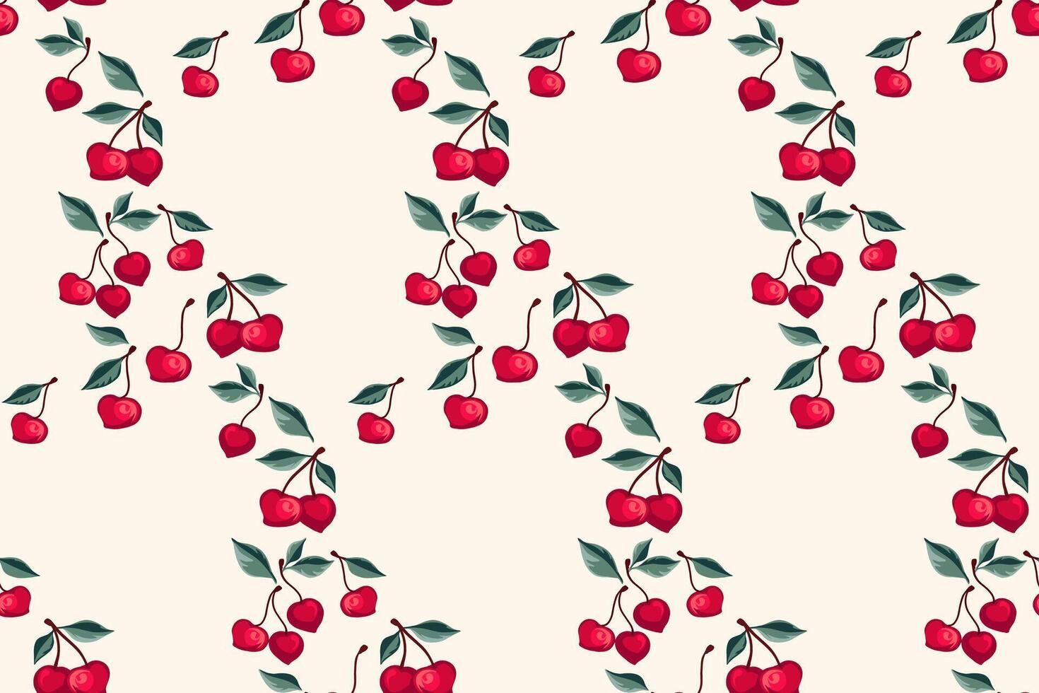 Seamless artistic stylized cherries pattern. Summer berries, fruits, leaves, background. Vector hand drawn abstract, simple cherry. Design ornament for fabric, interior decor, textile, wallpaper