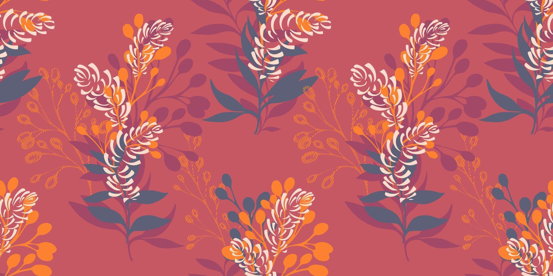 Colorful seamless pattern with bouquets branches with shapes leaves and spots. Vector hand drawn illustration. Simple creative stylized floral stems printing on a orange background.