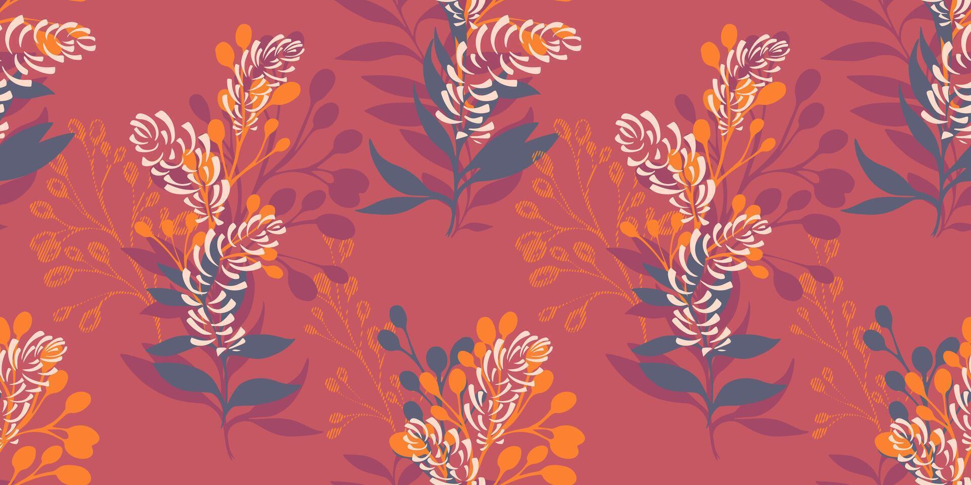 Colorful seamless pattern with bouquets branches with shapes leaves and spots. Vector hand drawn illustration. Simple creative stylized floral stems printing on a orange background.