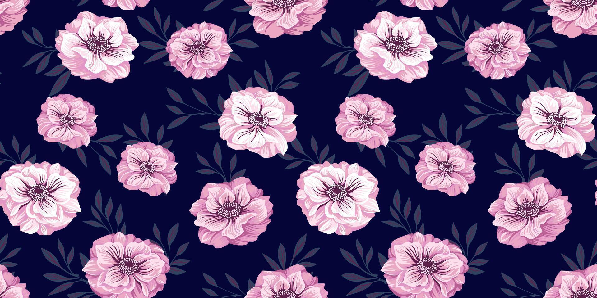 Elegance seamless pattern with artistic flowers and tiny leaves branches. Blossoms purple stylized floral  Ranunculus, Trollius Asiatic us flower on a dark background. Vector drawn illustration.