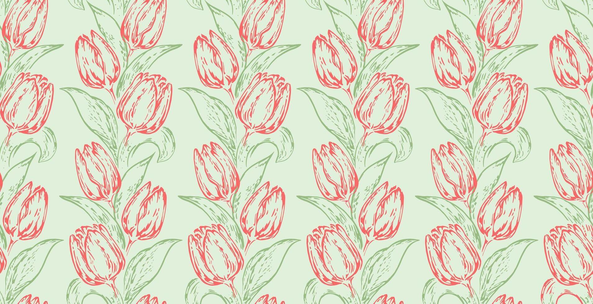 flores estilizado ramas hojas con tulipanes sin costura modelo. vector dibujado ilustración rojo líneas contornos flores y verde hoja.vintage primavera botánico impresión en ligero antecedentes.