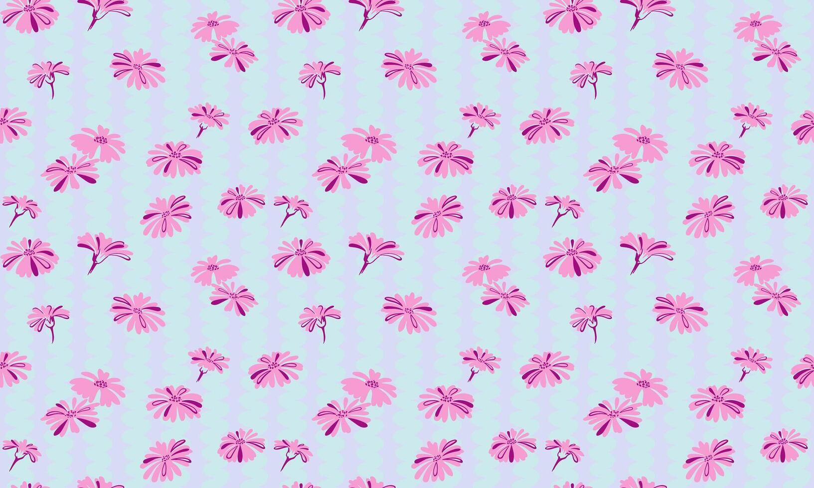 Pink stylized silhouettes flowers and buds seamless pattern on a striped blue background. Simple cute shapes floral background.Vector hand drawn sketch doodle.Template for design, printing vector