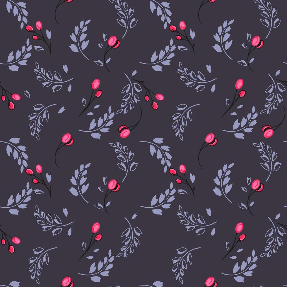 Minimalist seamless pattern with creative small branches berries and tiny abstract leaves on a dark background. Vector hand drawn. Stylized shapes floral polka dots drops, spots printing.