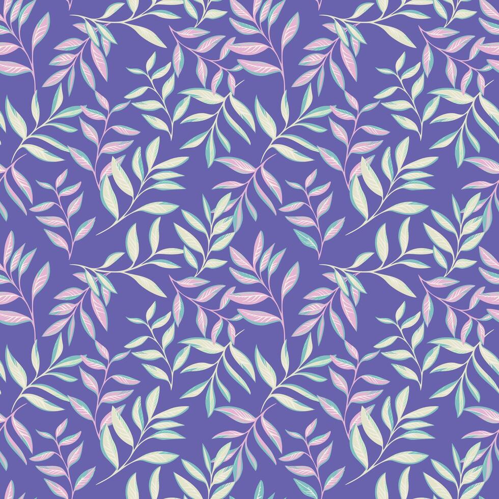 de moda pastel hojas ramas sin costura modelo en un Violeta antecedentes. resumen estilizado tropical floral impresión. vector dibujado ilustración tallos hoja. modelo para diseño, textil, moda, impresión