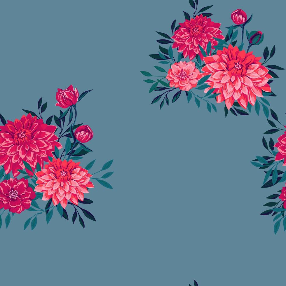 Bright red stylized bouquets flowers  dahlias and tiny branches leaves seamless pattern. Abstract, artistic floral on a turquoise background. Vector drawn illustration. Design for fabric, fashion