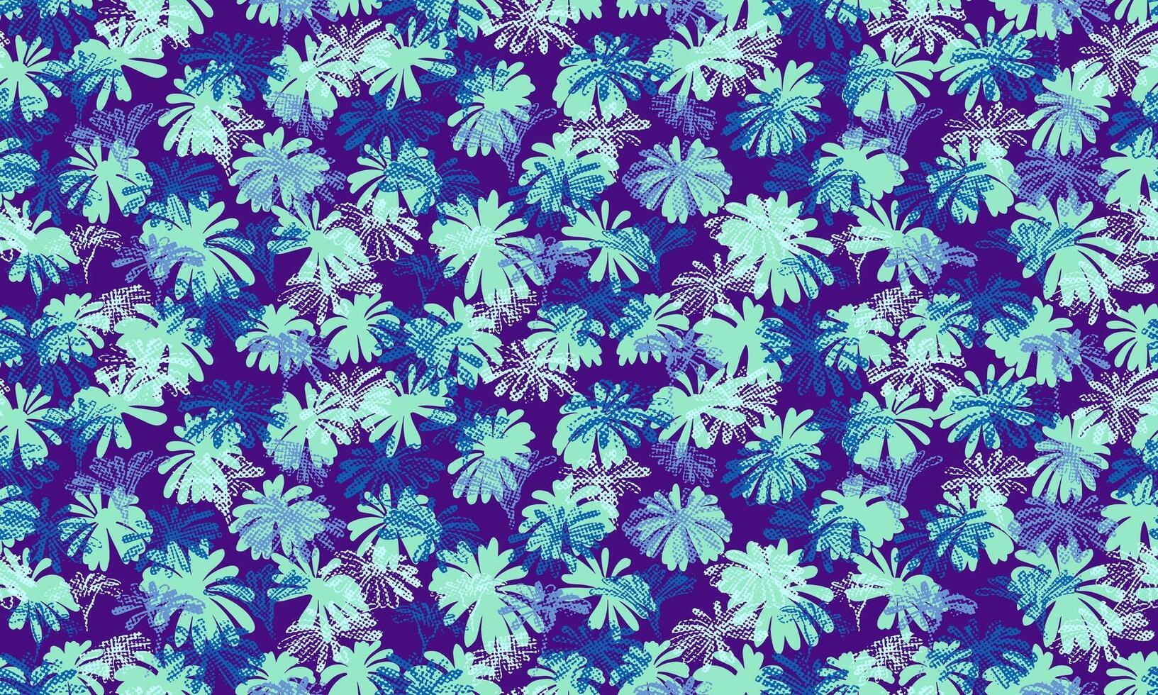 Seamless pattern colorful abstract silhouettes shape flowers. Vector hand drawn sketch. Brush floral printing. Bright purple blue textured background. Template for design, fabric, fashion, wallpaper